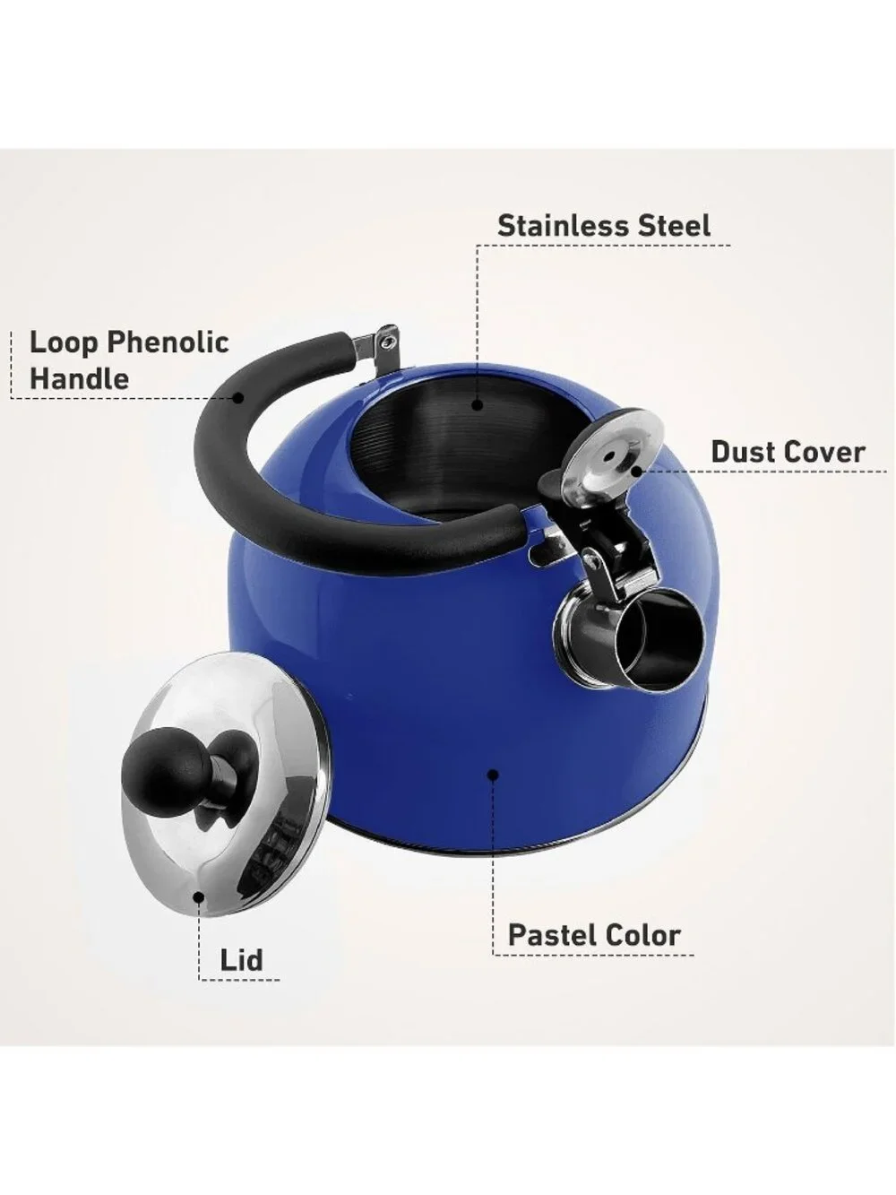 Blue Kitchen Whistling Tea Kettle 2 Quart Stainless Steel Stovetop Tea and Water